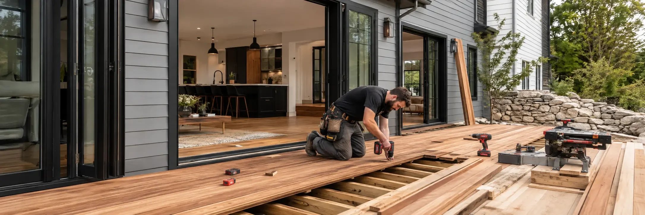 Contractor installing a custom deck at a renovated New Hampshire home